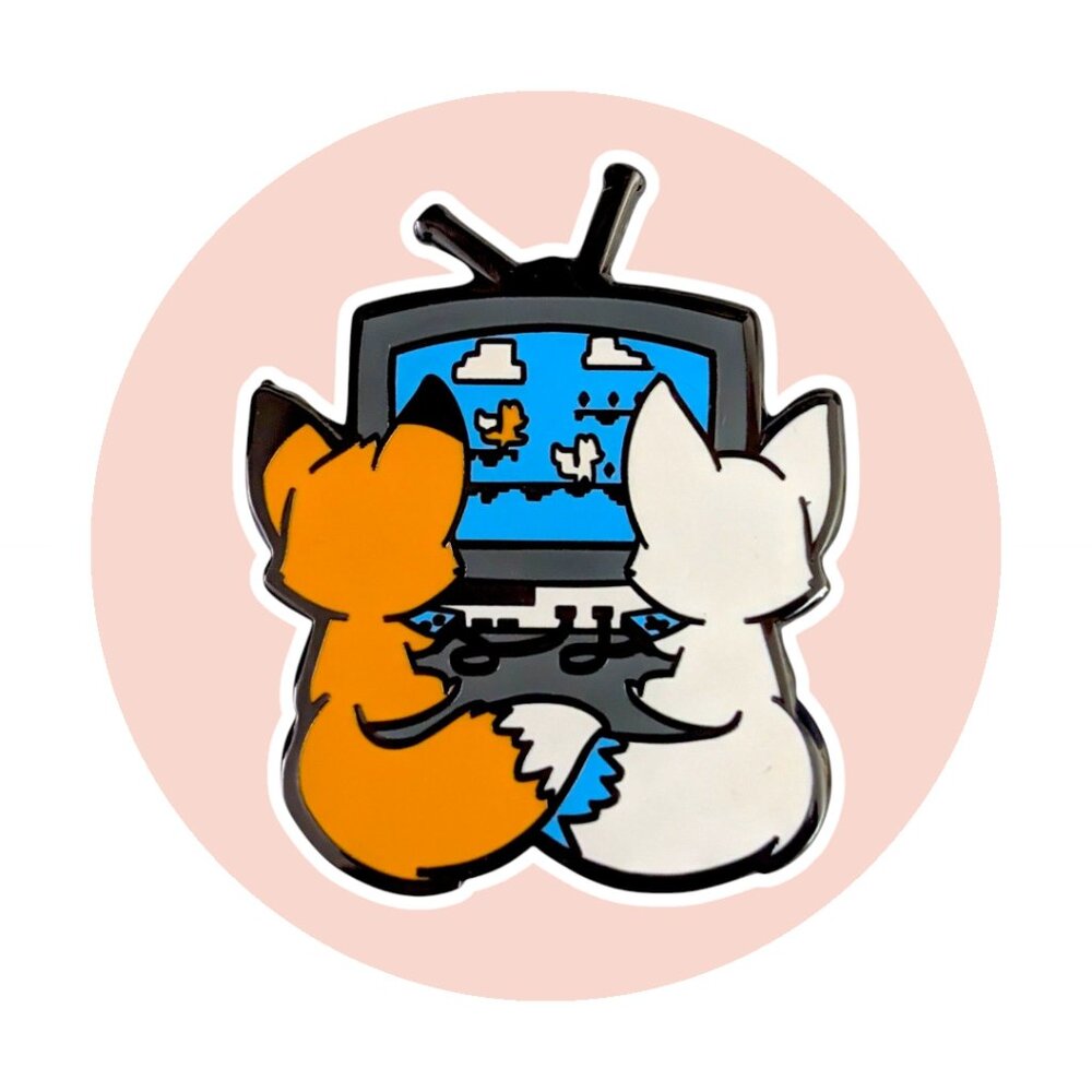 Animal TeeTurtle Enamel Pin: Red and Arctic Fox Playing Video Game